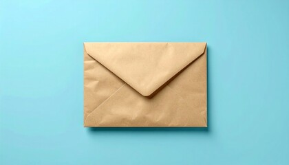 Mailing action with brown envelope on blue background flat lay style minimalist design for creative communication