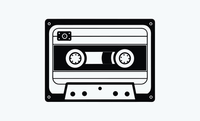 Cassette tape silhouette, retro audio icon, vintage music media, black tape illustration, old school cassette design
