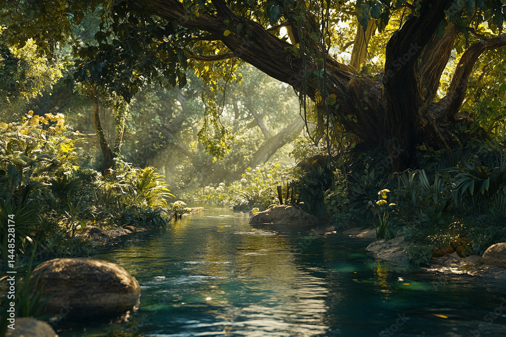 Poster serene jungle stream flows through lush greenery, sunlight dappling the water's surface, creating a 