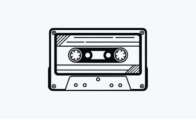 Cassette tape silhouette, retro audio icon, vintage music media, black tape illustration, old school cassette design
