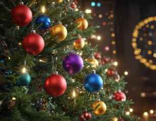 Vibrant baubles adorn a Christmas tree, encircled by a magical glow of blurred lights ,  bright,  sparkle,  season