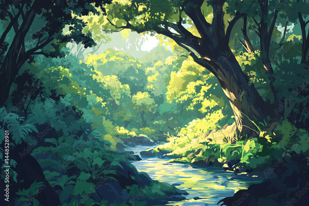 Poster Sunlit stream flows through lush green forest, creating a tranquil and serene atmosphere, showcasing nature's peace and beauty, ideal for relaxation or eco-friendly themes