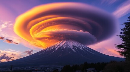 笠雲をかぶる夕焼けの富士山
