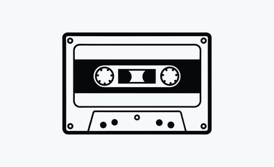 Cassette tape silhouette, retro audio icon, vintage music media, black tape illustration, old school cassette design