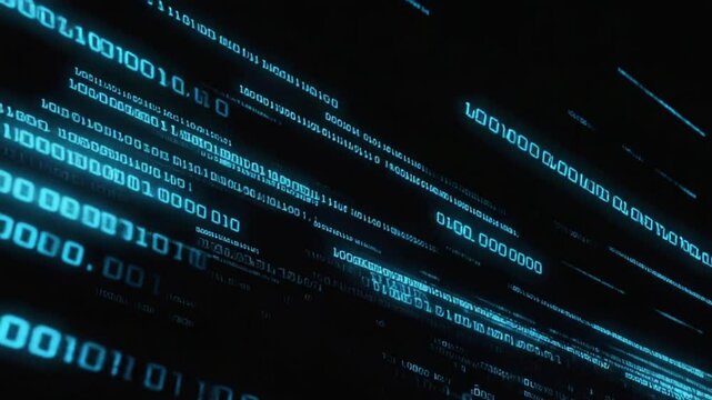 Abstract blue glowing binary code on a black background, 4k video