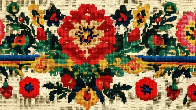 Vibrant embroidered floral pattern unfolding across textured fabric surface