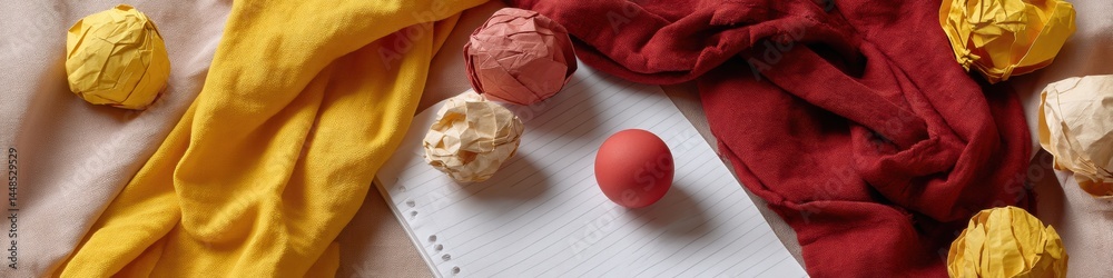 Poster creative burnout visual metaphor minimalist writing process with crumpled paper, soft textiles, and 