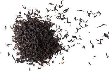 A close-up view of loose black tea leaves scattered on a white background. showcasing their texture and color. ideal for culinary or beverage-related content