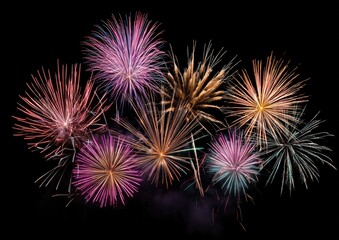 Colorful fireworks burst against a dark night sky, creating a dazzling spectacle of light and color.