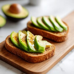 Fresh Avocado Slices on Whole Grain Bread Served on a Wooden Board for a Healthy Snack or Breakfast Option in a Modern Culinary Setting