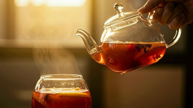 Hand of person pours fruit tea from glass teapot into glass cup. Preparation of the tasty vitamin drink with slice orange and steam for relax time.