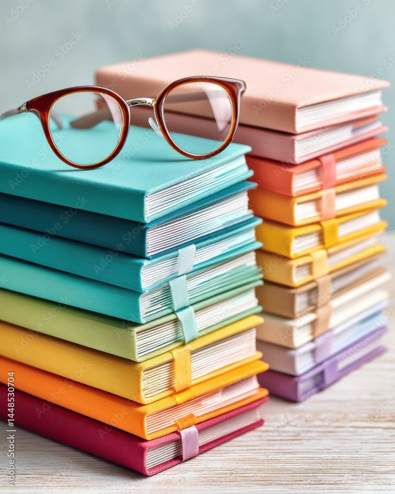 Aufkleber chromatic knowledge ecosystem minimalist book stack with vintage eyewear - inspiring learning aesthe