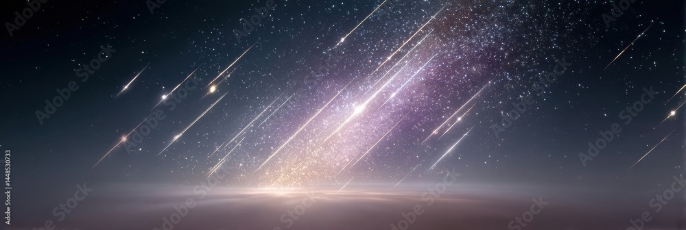 Poster Cosmic Digital Visualization Ethereal Meteor Shower Landscape with Luminescent Celestial Streaks - Astronomical Science and Immersive Visual Media Design