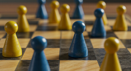 Blue and yellow chess pawns intermixed on wooden chess board. Team integration, organizational merger, diversity in workplace, or collaborative competition concept in strategic game setting.