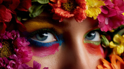 Creative portrait with a focus on the eye, surrounded by vivid flowers and artistic makeup, blending nature and art