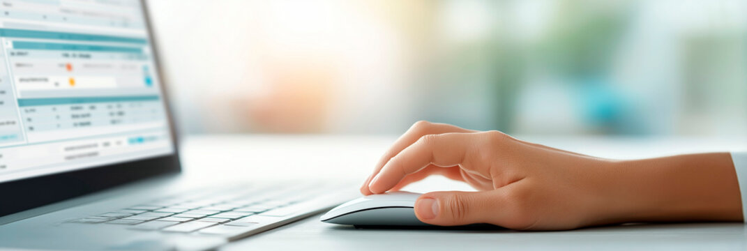 Hand using wireless computer mouse next to laptop with blurred data screen in bright office environment
