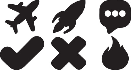 Airplane Rocket Checkmark Flame Icons Set for Travel Startup App Design