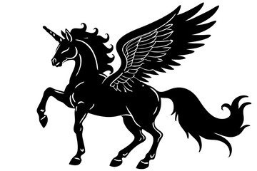 Fototapeta premium Silhouette winged unicorn or alicorn rearing up with black aesthetic style design, unicorn, alicorn, rearing, black, silhouette, wing, wings, winged, animal, mythical, fantasy, horse, pegasus