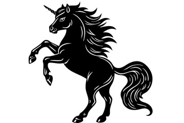 Majestic black unicorn rearing silhouette design with transparency on white background, unicorn, silhouette, black, rearing, hind legs, fantasy, mythical, creature, horse, horn, magic, vector