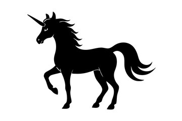 Naklejka premium Elegant unicorn silhouette design standing with one leg raised magic, unicorn, silhouette, mythical, horse, magical, standing, animal, fantasy, vector, illustration, design, fairytale, graphic, horn