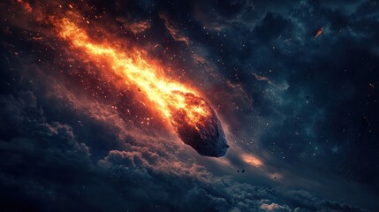 Fiery Meteor Showering Through Dark Cosmic Clouds