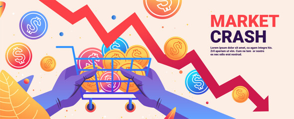 Obraz premium Market crash shopping cart coins falling red downward graph financial crisis concept colorful background website banner