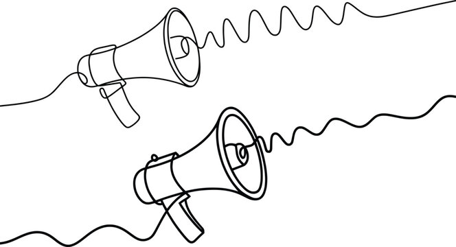Line Art Megaphone Illustration, Loudspeaker Soundwave Sketch Design.