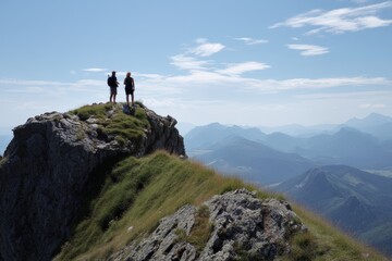 Fototapeta premium Two hikers stand atop a mountain, overlooking expansive blue skies and distant peaks.