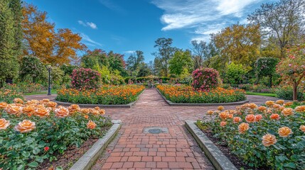 Fototapeta premium A vibrant autumnal garden pathway lined with colorful flowers and trees.