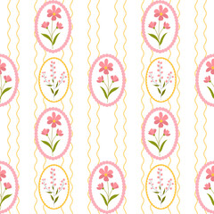 Vector seamless pattern with wild flowers in frames. Bright floral romantic meadow flowers in cottagecore garden style for manor and farmhouse background.