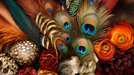Close-up of vibrant peacock and other bird feathers, arranged with textured flowers creating a rich, detailed image ideal for design or nature-themed projects