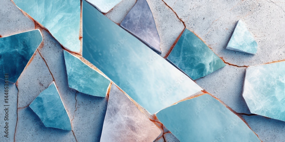 Poster fractured tranquility kintsugi-inspired geometric abstract with oceanic blues, mindful design and di