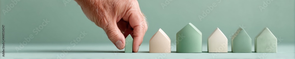 Poster minimalist real estate investment strategy soft sage architectural models illustrating progressive p