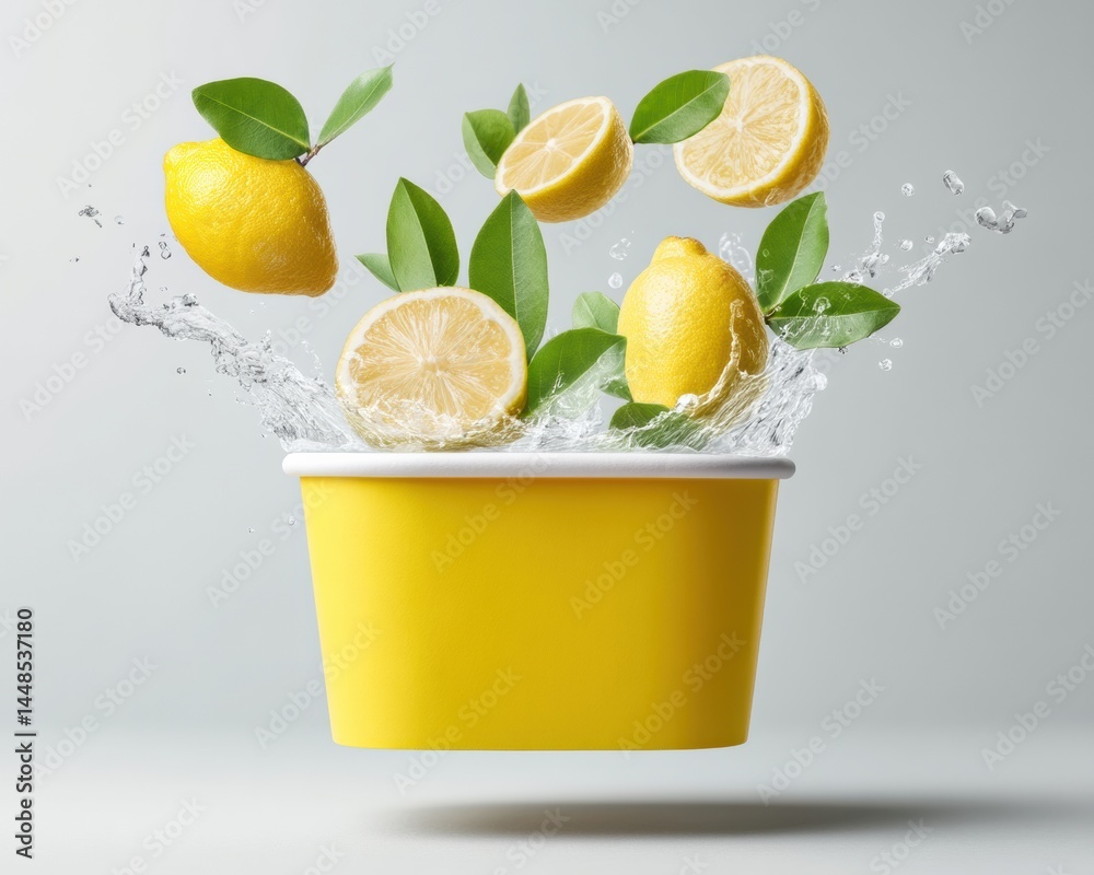 Poster dynamic citrus splash fresh lemonade branding with floating lemons in vibrant yellow container - mod