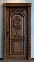 Ornate wooden door with intricate carvings.