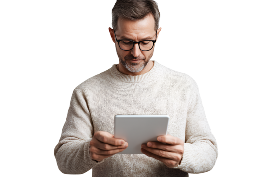 A middle aged man is using an iPad front view transparent background PNG
