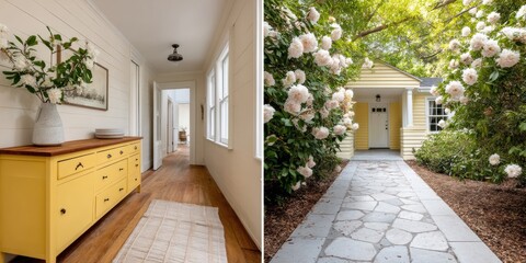 Fototapeta premium Nostalgic Farmhouse Revival Sunlit Colonial Cottage with Vibrant Yellow Accents - Vintage Restoration Meets Modern Minimalist Design Aesthetic