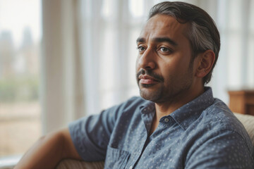 Obraz premium Portrait of sad Indian man against the background of a bright living room