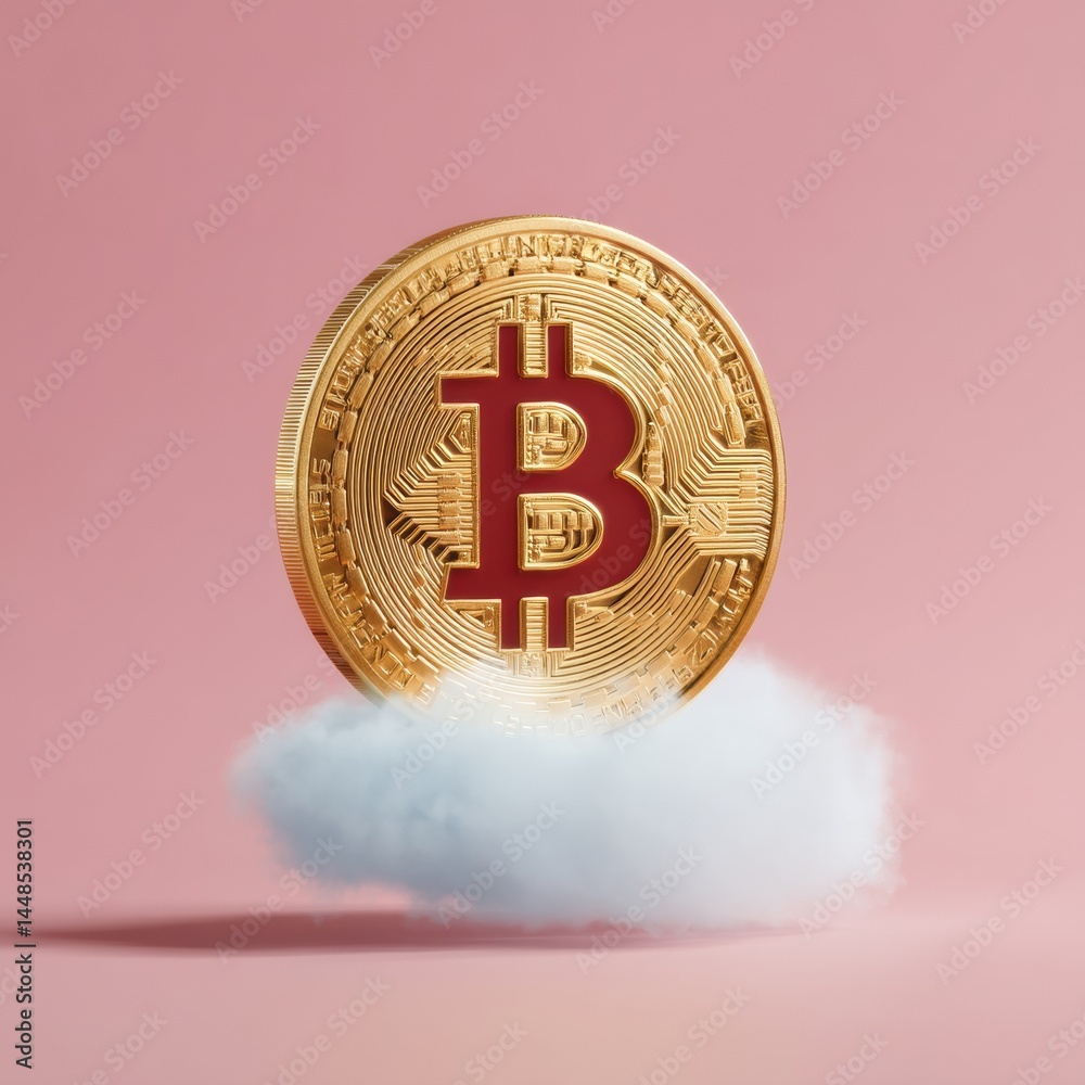 Aufkleber Ethereal Crypto Visualization Golden Bitcoin Floating on Soft Cloud - Innovative Digital Asset Representation for Fintech Marketing and Blockchain Branding