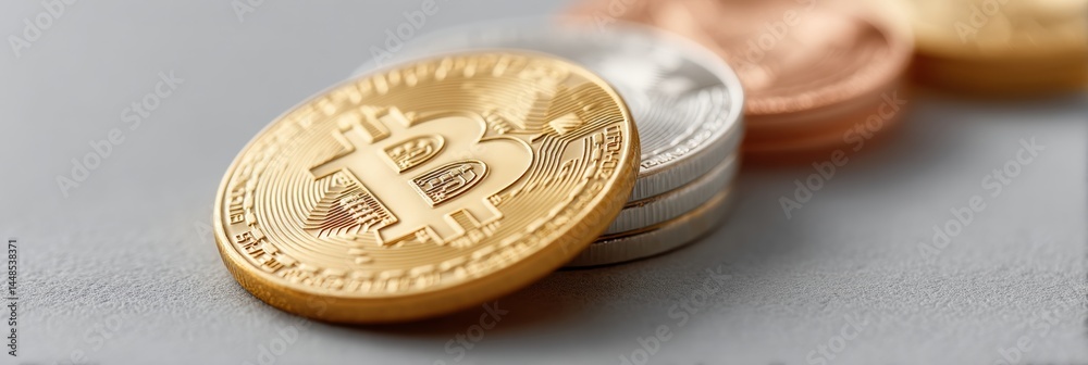 Aufkleber decentralized finance revolution golden bitcoin against metallic spectrum - cutting-edge cryptocurre