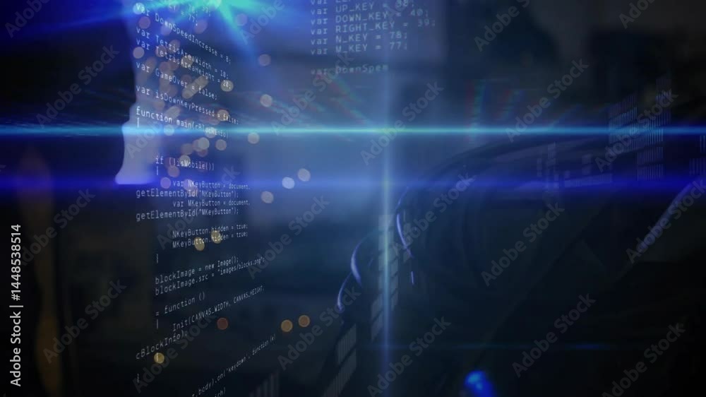 Poster silhouette standing in dark control room, displaying floating code charts with neon data streams