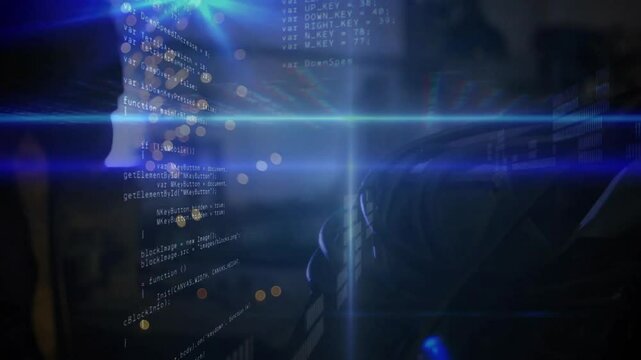 Silhouette standing in dark control room, displaying floating code charts with neon data streams