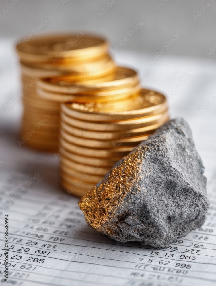 Aufkleber financial fragility narrative golden coins melting against raw stone and volatile market reports - e