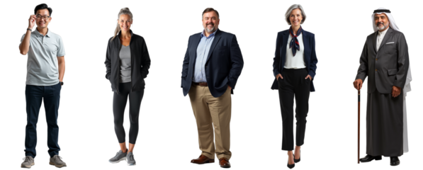Diverse business team cutout featuring IT specialist, wellness coach, executives. Multicultural group, varied ages. Isolated on transparent background for corporate, HR, diversity projects.