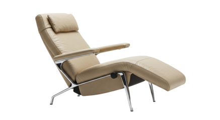 Modern beige recliner chair with metal legs and headrest isolated on transparent background