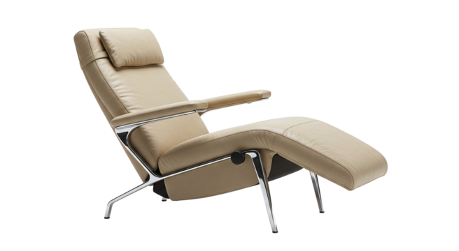 Modern beige recliner chair with metal legs and headrest isolated on transparent background