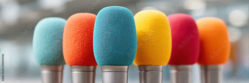 Fototapete Chromatic Media Convergence Vibrant Microphone Array Symbolizing Modern Journalisms Dynamic Communication Landscape in High-Definition Broadcasting