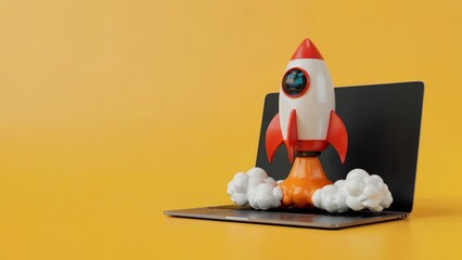 3D Rocket Launch from Laptop, Startup and Innovation Concept Illustration