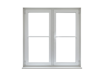 White double glass window with symmetrical vertical frame design isolated on transparent background