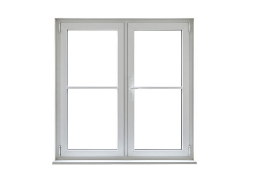White double glass window with symmetrical vertical frame design isolated on transparent background